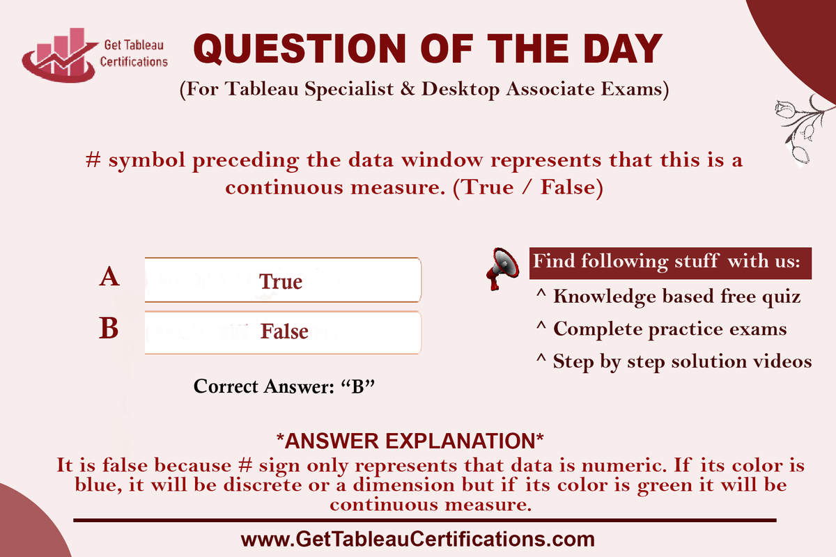 GetTableauExam's tweet photo. Take FREE Tableau Quizzes and Get the Complete Tableau Certification Practice Exams Dumps.

🔗 Learn More 👉 https://t.co/34Ffl9NSIV

🔰 4 Complete Practice Exams 
🔰 2 Knowledge Based Exams 
🔰 176 Questions

#tableau #tableaucertification #tableaucertificationdumps https://t.co/nxAPhpvmwj