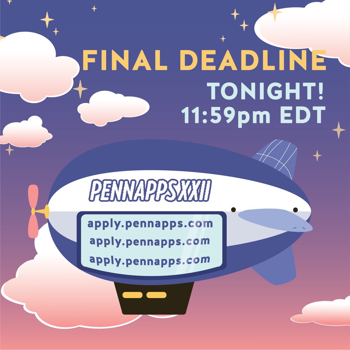 PennApps's tweet photo. π¨π€ Last call for all passengers! Applications for PennApps XXII close TONIGHT July 29th at 11:59PM EDT at https://t.co/D3ZmC9lJSv
Penn students can apply by August 29th
Check out https://t.co/Sh2G3pxWBZ for more info and email contact@pennapps.com with questions
#pennapps https://t.co/0IT4kjXYBX
