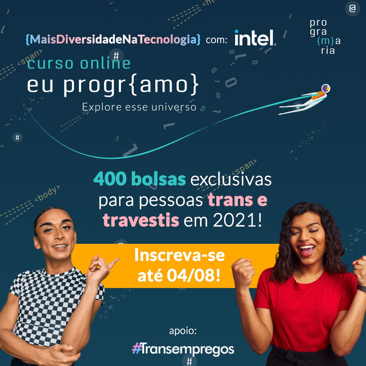 "Uma mulher trans aprendendo, estudando e visando evoluir na carreira é revolucionário e afrontoso! É isso que me impulsiona: saber que estou no caminho, vou ter meu lugar no mercado e sobreviver. O curso nos coloca em um lugar bacana, nos anima, nos dá esperança e sabedoria." ❤️