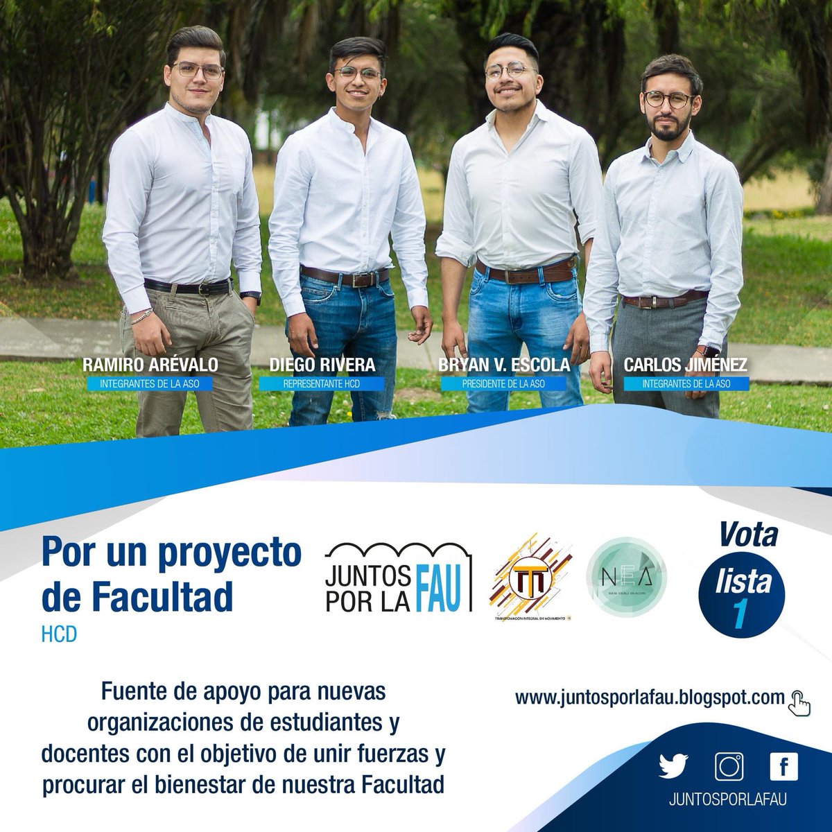 Por un proyecto de Facultad ¡JUNTOS POR LA FAU!

Conoce nuestras propuestas en: juntosporlafau.blogspot.com

#JUNTOSPORLAFAU #FAU #LAFAUSOMOSTODOS  #DEMOCRACIAPARTICIPATIVA  #candidatosHCU #CandidatosHCD #Estudiantes