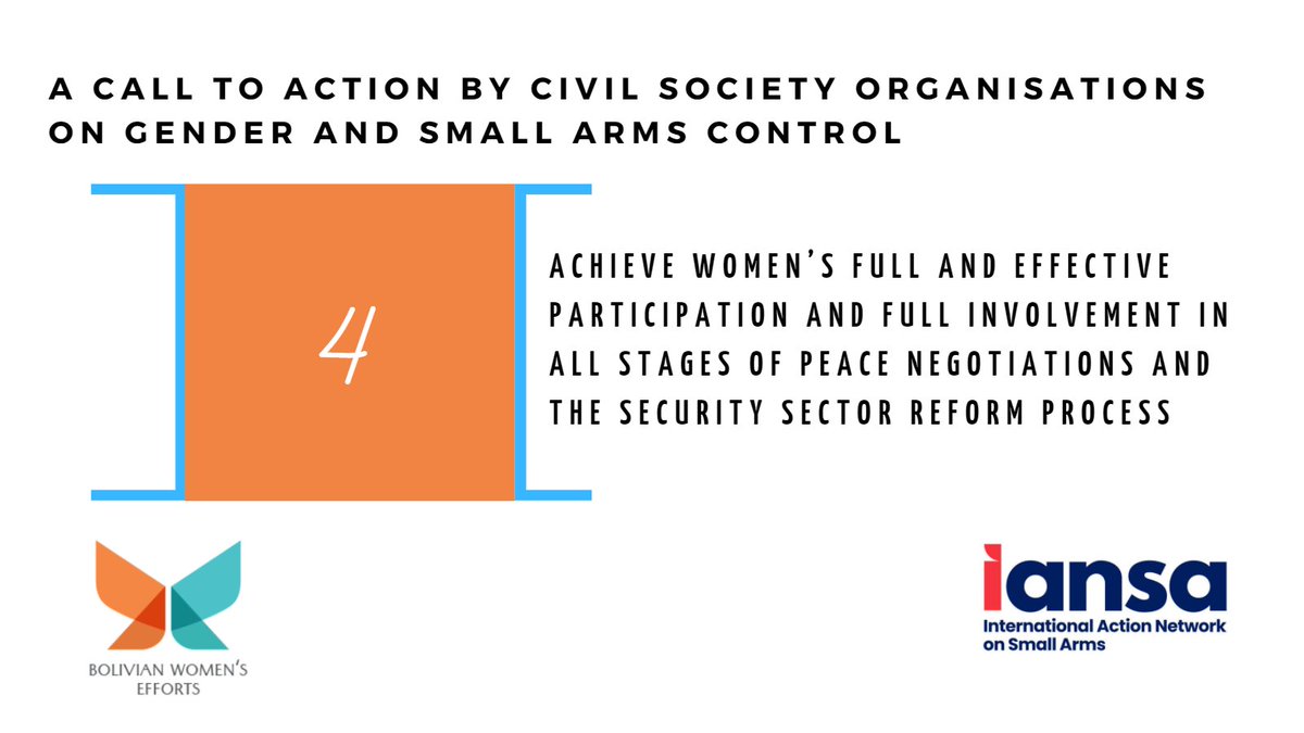 BWE_Women's tweet photo. “La participación plena y efectiva de las mujeres en todas las etapas de las negociaciones de paz y del proceso de reforma del sector de seguridad” es la cuarta prioridad del Llamado a la Acción de IANSA para la #RevCon3, que los Estados están llamados a incluir durante la #BMS7 https://t.co/RzXdA7wMJG