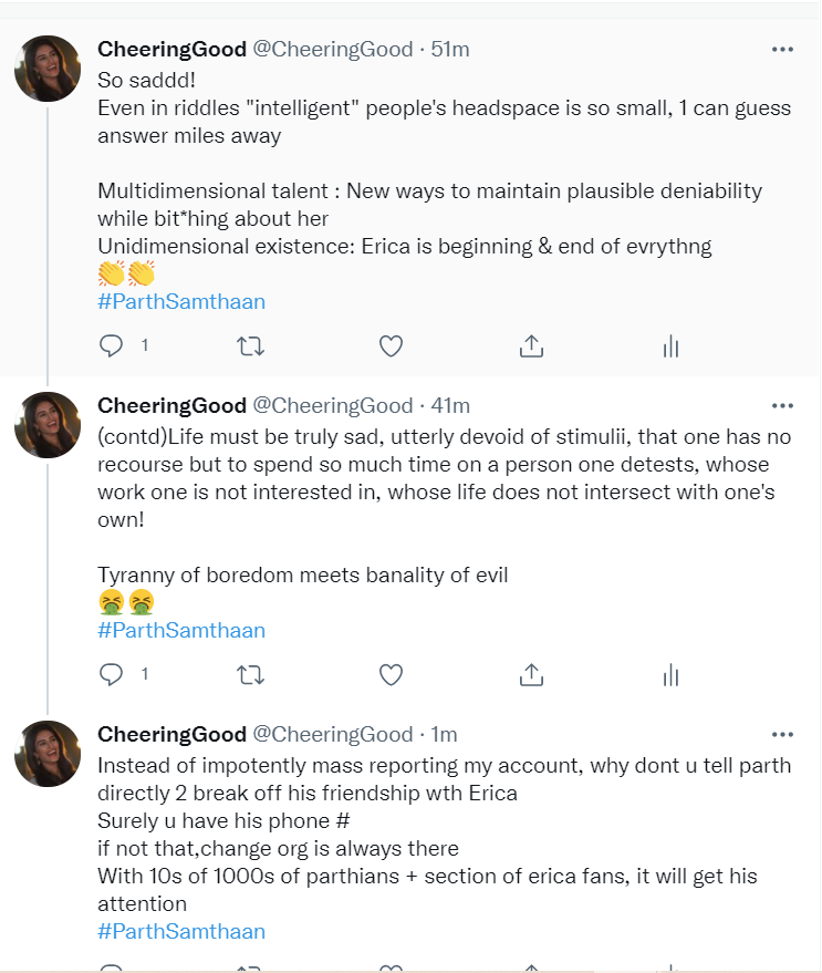 CheeringGood's tweet photo. Riddles, poems, gifs, bitter crackling laughter
Riddle by haters - who is multidimensional talent in unidimensional existence, directed at erica
Response - poem bodyshamming her thinness...lizard gifs for goto "chipkali" insult etc

Erica - their alpha and omega 
#ParthSamthaan https://t.co/PtOgNR8Lvo