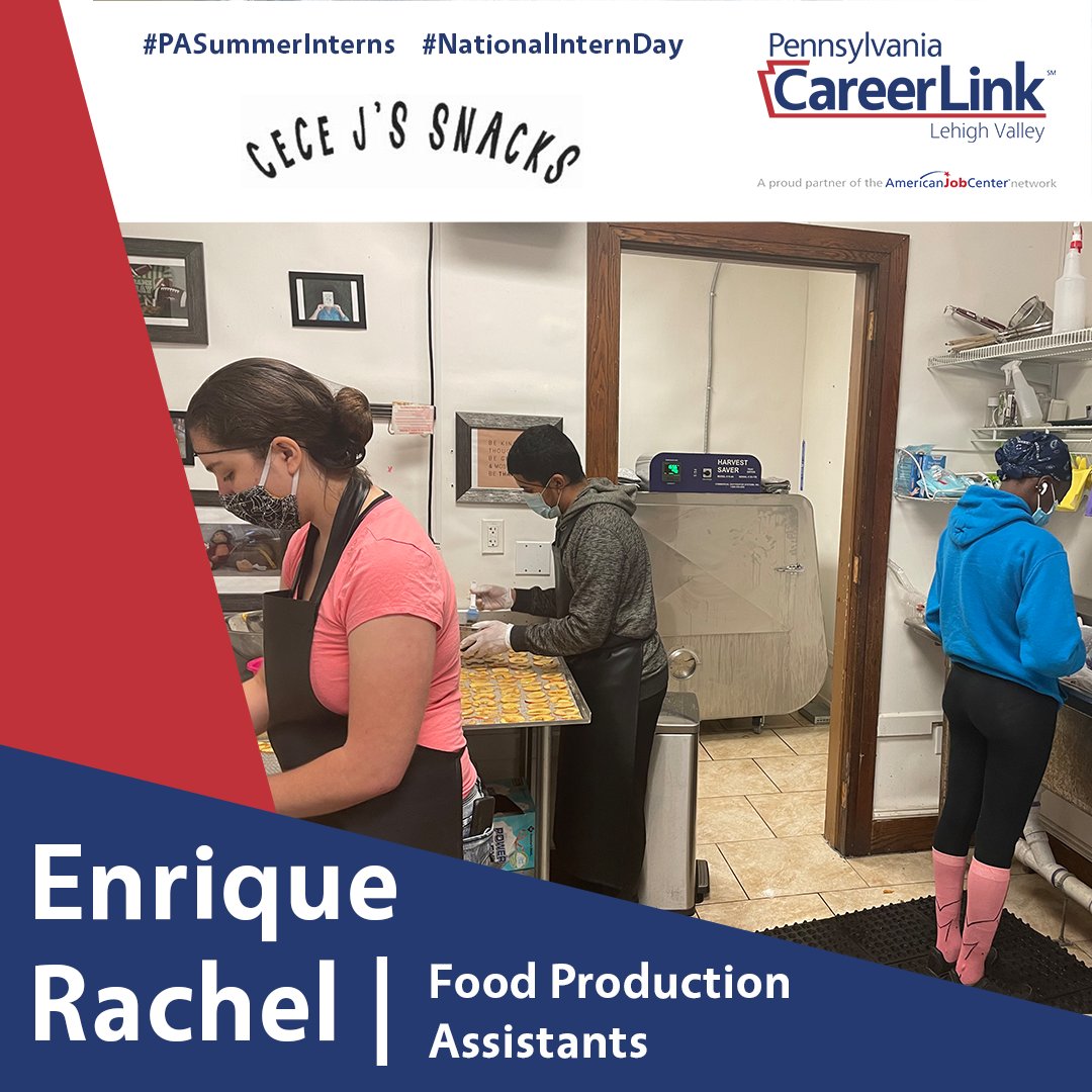 PACareerLinkLV's tweet image. Meet Enrique (center), who is at @SnacksCece assisting with food production of healthy and nutritious snacks! 
#PASummerInterns #NationalInternDay