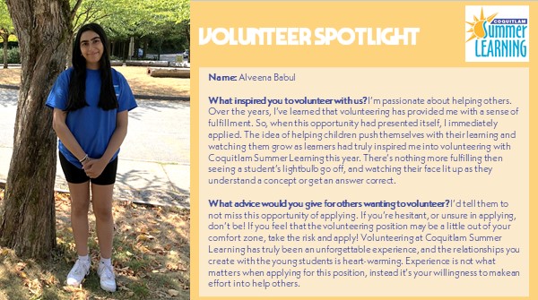 Volunteering with us, learning how to drive with her dad, and working part-time in the evening are just a few things our feature volunteer Alveena is up to this summer.