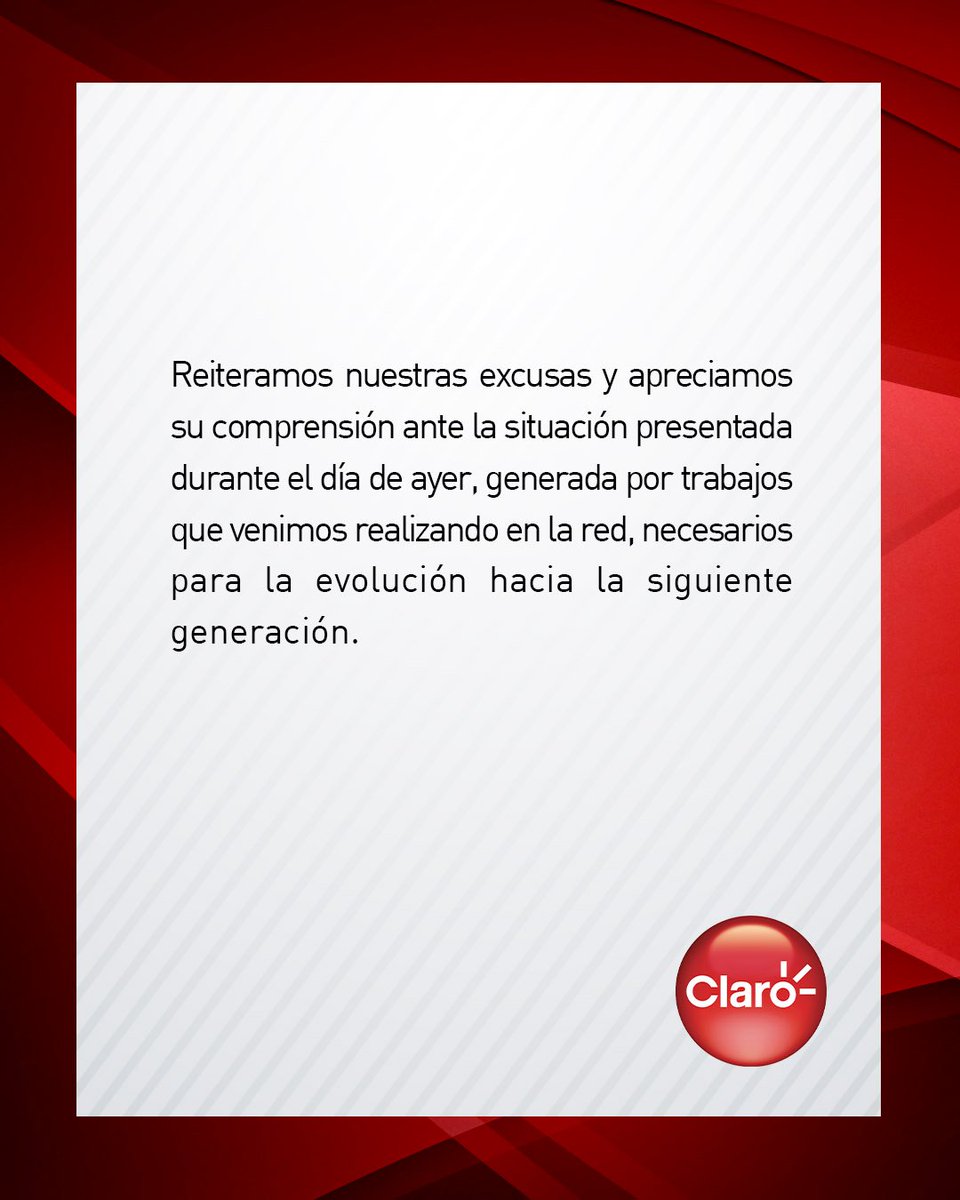 Informamos que en la noche de ayer, fue resuelto el inconveniente que causaba intermitencia en nuestros servicios móviles, luego de aplicar medidas correctivas para estabilizar los servicios. Reiteramos nuestras excusas y apreciamos su comprensión ante la situación presentada.