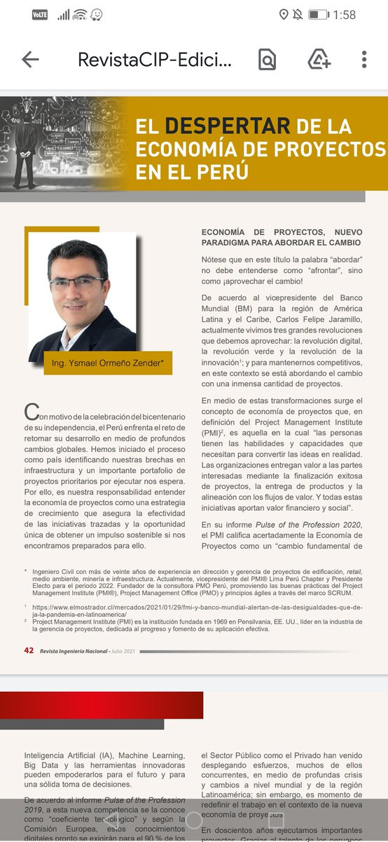 PMO_Peru's tweet photo. Orgulloso de haber sido invitado para compartir el concepto de la Economía de Proyectos en la Revista del Colegio de Ingenieros de Perú.
Pueden ver el artículo completo en: https://t.co/9TaPJtwo36
#TheProjectEconomy #Proyectos #PMI #PMILima #PerúBicentenario #CIP #PMO #BIM https://t.co/5l7Rd2l71T