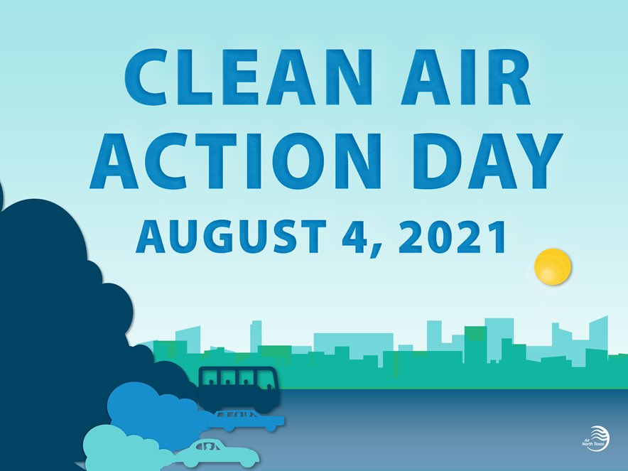 Clean Air Action Day is August 4th! Make a commitment to clean air on Clean Air Action Day, August 4! Visit airnorthtexas.org/cleanairaction… and learn how some simple steps can make the world of a difference in the North Texas region. #AirNTx #CAAD2021