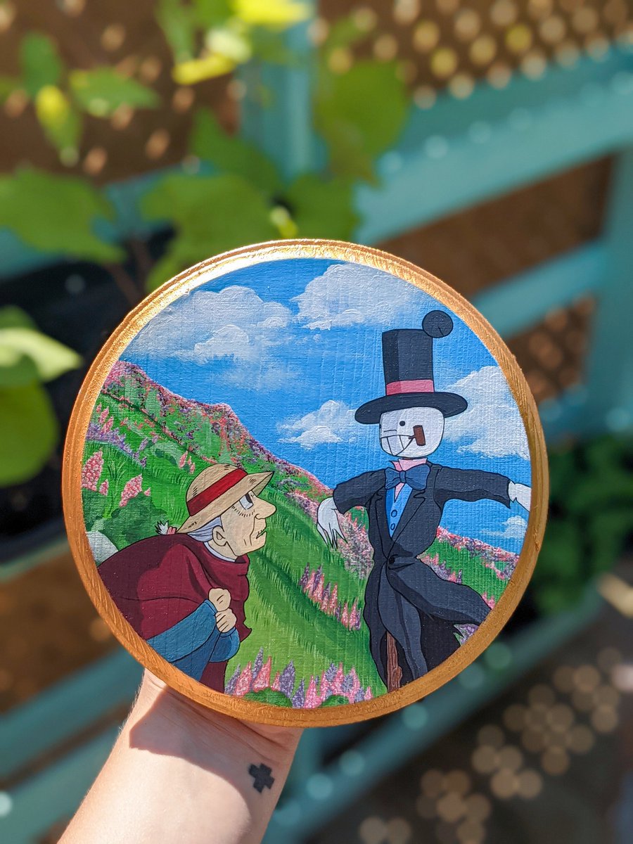 cecropiash's tweet photo. this little reimagined scene from howl's moving castle 😊 this was a commission and my friend wanted some pink and purple flowers instead of mountains, i think it turned out cute!! https://t.co/CazaP9v9rK