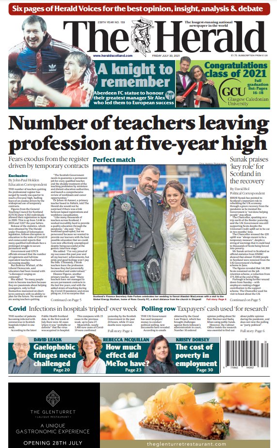 Friday's Herald.

THE number of teachers quitting the professional register has surged by nearly one-quarter to reach a five-year high, fuelling fears of an exodus driven by temporary contracts.

#TomorrowsPapersToday
#scotpapers
#BuyAPaper &amp; subscribe: heraldscotland.com/subscribe