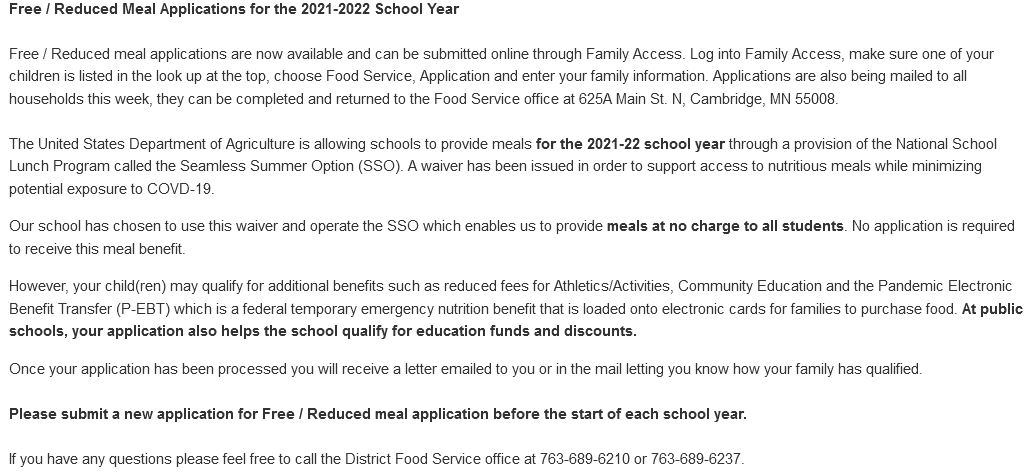Free and Reduced meal applications are available for the upcoming school year! An approved application may also qualify your children for various discounts with Athletics/Activities, Community Education, and more!

schoolnutritionandfitness.com/index.php?sid=…