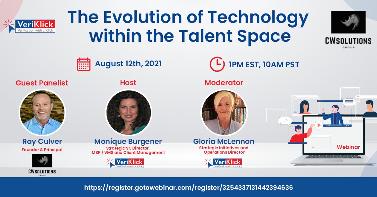 veriklick's tweet image. Register here: attendee.gotowebinar.com/register/32543… 
 
Join our #webinar with guest panelist Ray Culver, a Certified Contingent Workforce Industry Professional in our discussion about #talenttechnology, how it is evolving and its impact in managing a successful #talentprogram.