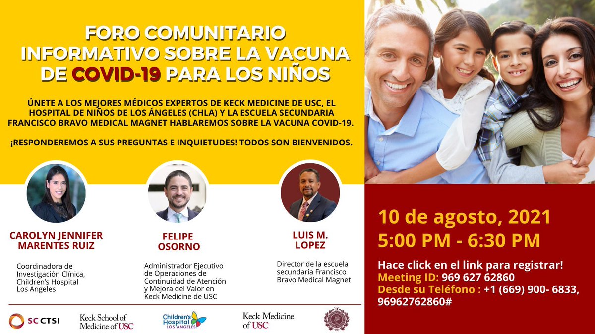 SoCalCTSI's tweet photo. #backtoschool is around the corner. Questions about the #COVID19 #vaccine for #children? Get them answered by guest speakers from @ChildrensLA @bravomedicalhs @KeckMedUSC at this virtual town hall event 8/10, 5pm PST. Please note this event is in #Spanish. #LosAngeles #espanol https://t.co/j3jHs12GUp