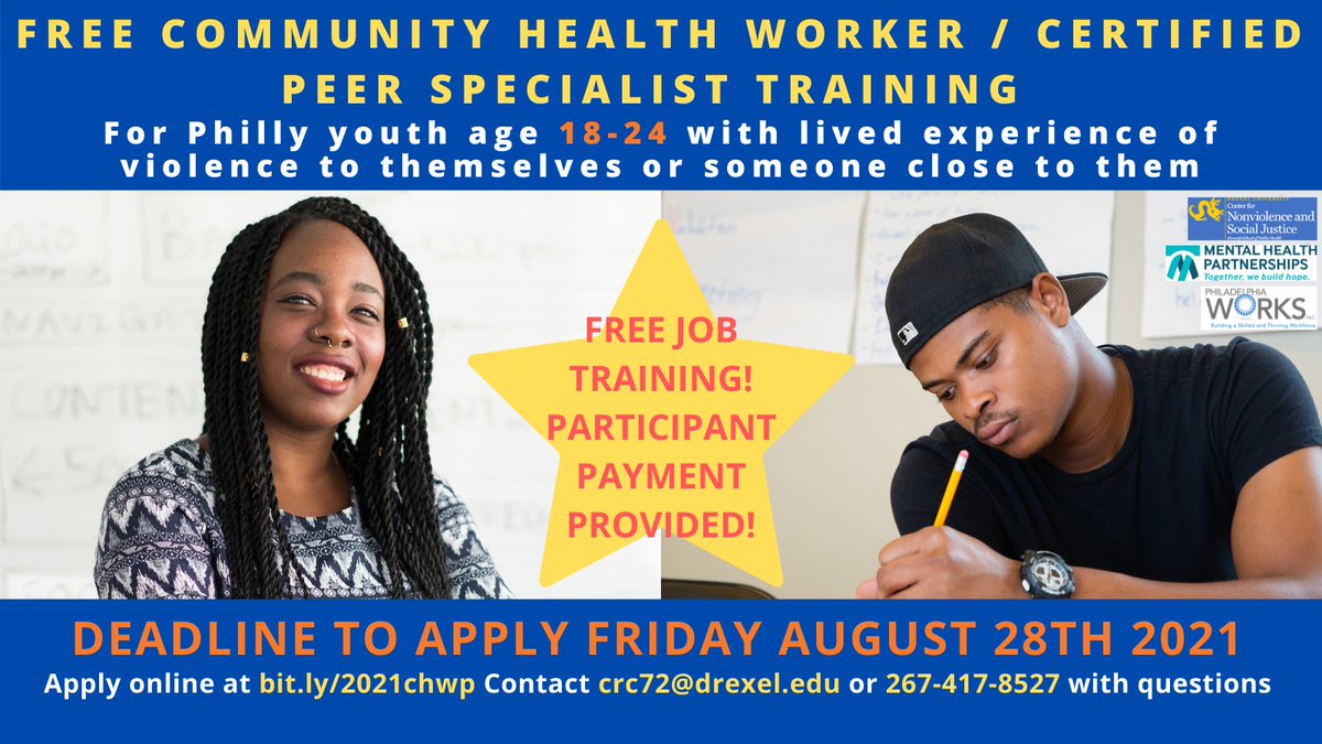 Now accepting applications for PAID #CommunityHealthWorker/ #CertifiedPeerSpecialist job training! #Philly residents age 18-24, apply at the link: bit.ly/2021chwp