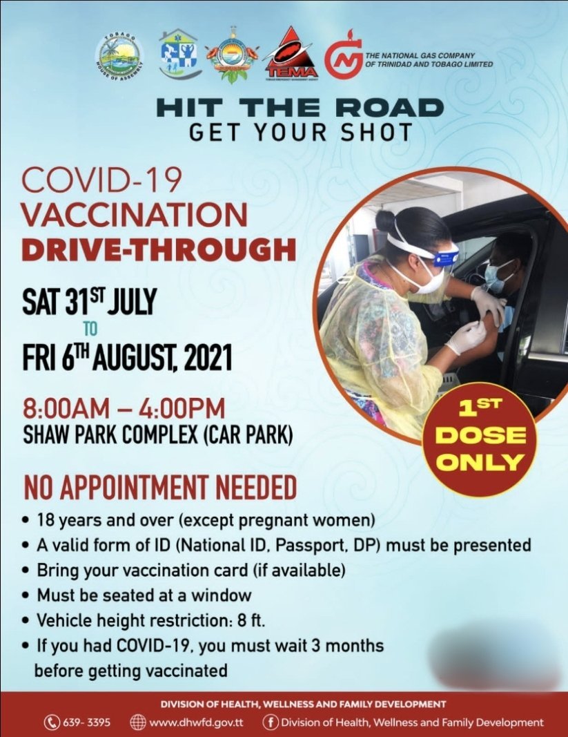 927fm's tweet photo. Drive-Through Vaccination starts this Saturday 31st July in Tobago #VaccinationDrive #vaccinatetooperate https://t.co/XyqFcy032Z