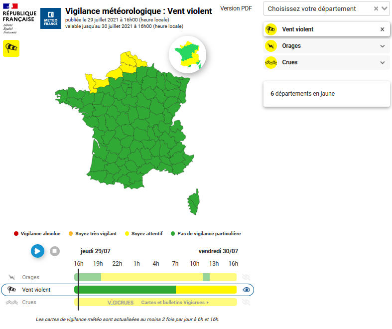 meteofrance's tweet photo. ⚠️6 départements en #vigilance jaune #vent violent. 
Rafales fortes sur les caps exposés. https://t.co/d3HmfHOcWp