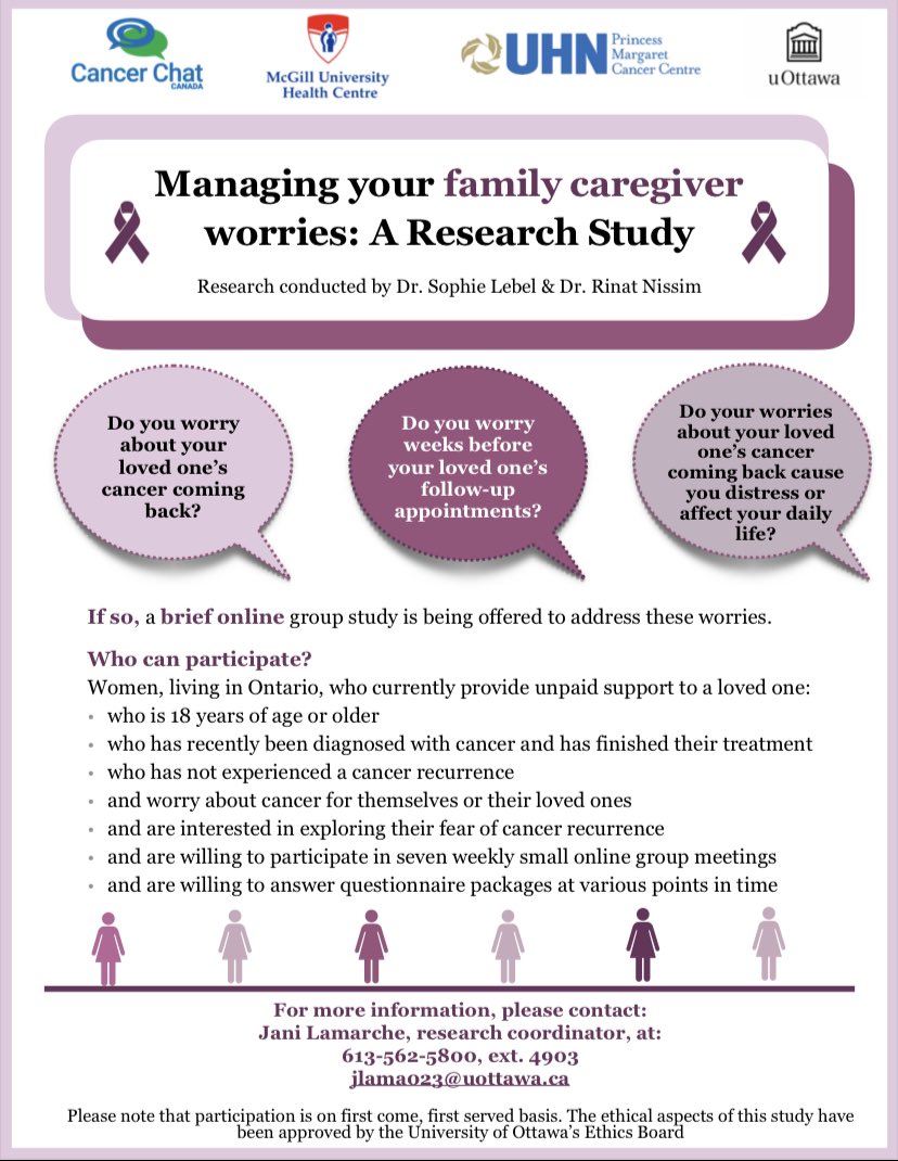 Do you worry about your loved one’s cancer coming back or progressing? We are inviting Ontario family caregivers of patients living with cancer to take part in a virtual online group therapy. 🖥 

If interested, see attached flyer. 👇