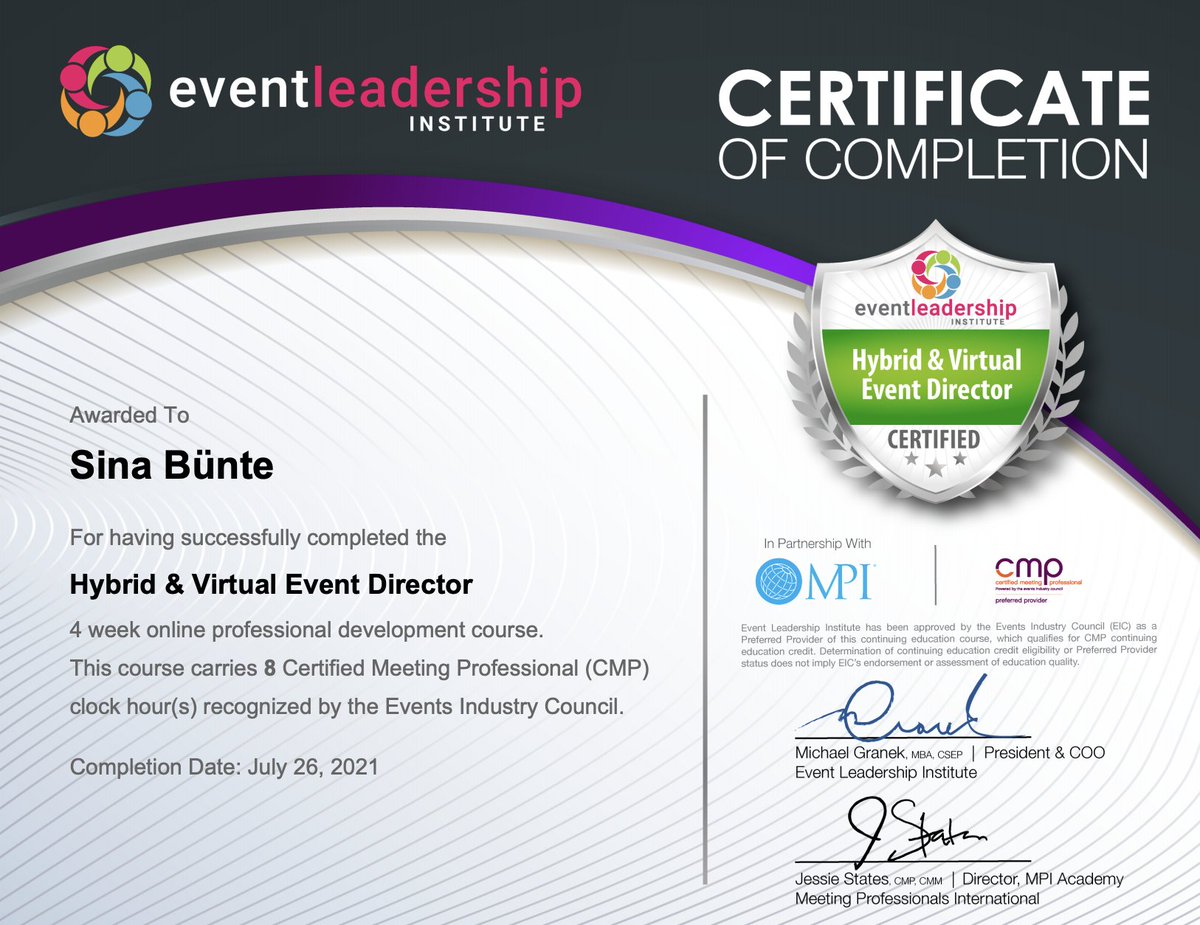 Sina Bünte, CMP, DES, TMEP (@sinabuente) on Twitter photo Another course finished👏.
The Hybrid & Virtual Event Director course deepened my understanding of on-site delivery of #hybridevents, explained how to create a run of show & how to call the show.
Can't wait to apply my learnings soon.
Thanks <a href="/hssharpe/">Heather Sharpe</a>!
#eventprofs Another course finished👏.
The Hybrid & Virtual Event Director course deepened my understanding of on-site delivery of #hybridevents, explained how to create a run of show & how to call the show.
Can't wait to apply my learnings soon.
Thanks <a href="/hssharpe/">Heather Sharpe</a>!
#eventprofs