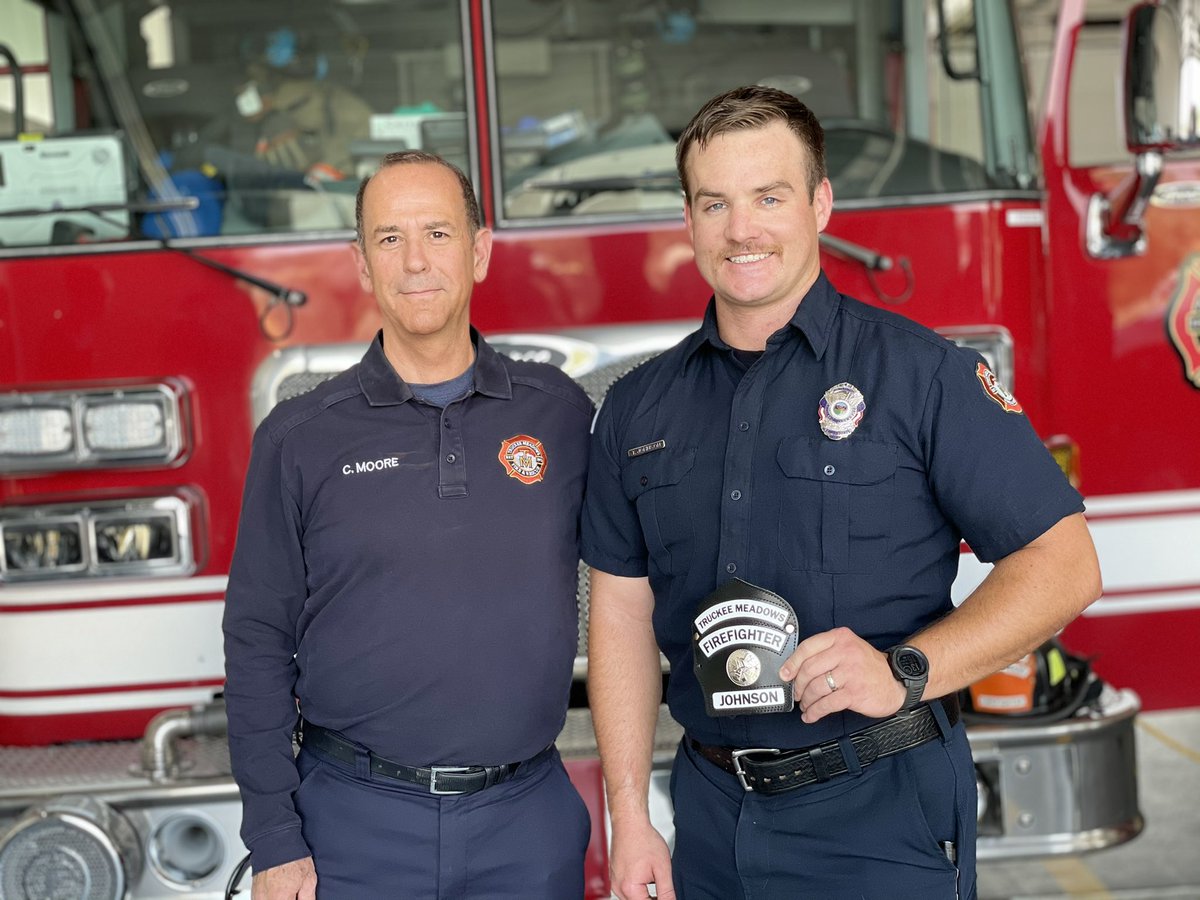 TMFPD's tweet photo. Super stoked for #TMFR Firefighter/Paramedic Tyler Johnson to receive his new helmet shield from Fire Chief Moore today after completing his probationary year. Congratulations Tyler, we are proud of you and look forward to your service in @washoecounty. @pffnevada 💪🏻🇺🇸 https://t.co/ejQTQLJqz4