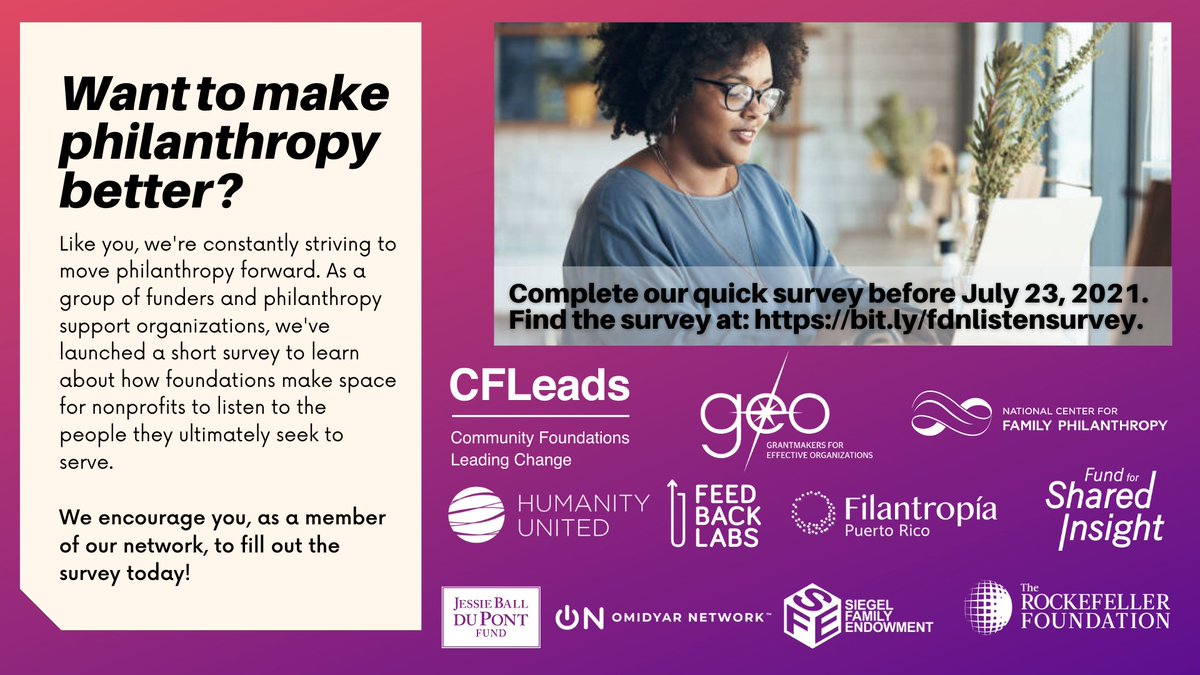 4SharedInsight's tweet photo. #Funders: Please take 5 minutes to fill out this short survey before next Friday, Aug 6. You'll be helping #philanthropy understand how to better support essential #listening to the people and communities most impacted by our work.
https://t.co/ns3FBfnLun! https://t.co/n1bSV8frLi