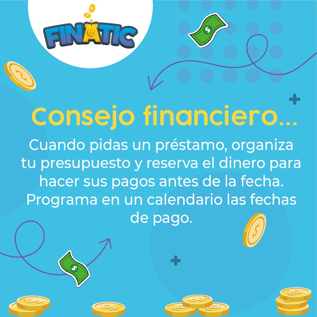 FinaticUIS's tweet photo. 🧐#TipFinanciero Cuando pidas un préstamo, organiza tu presupuesto y reserva dinero para hacer sus pagos antes de la fecha de pago

#prestamos #Colombia #ahorro #finanzas #FINATIC #UIS #gamification #VIEUIS #ODS #Consejo #finanzaspersonales #banco #Fondo https://t.co/Q0EJ7WdxfX