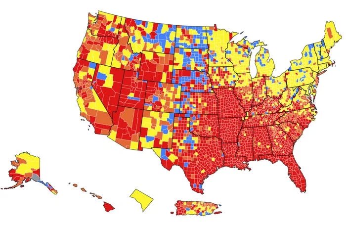 ilatif's tweet photo. @MathesonBarb @GOPLeader #Hypocrisy? Because of the counties #Trump won are inundated with #covid19 that is why everyone else has to endure masking, colourcoded map of infections shows the correlation of #vaccine_hesitancy_and_masks, the voice of science🔬is buried. How many #House_Republicans are vaxed? https://t.co/8PIxYiteUO