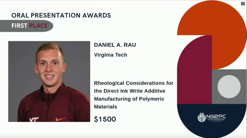 DREAMSLab's tweet image. Congratulations to our PhD student Daniel Rau for receiving the 1st place oral presentation award @ngrpc2021 ! His presentation was titled &quot;Rheological Considerations for the #DirectInkWrite of #AdditiveManufacturing Polymeric Materials&quot; @VirginiaTech_ME @VirginiaTechMII