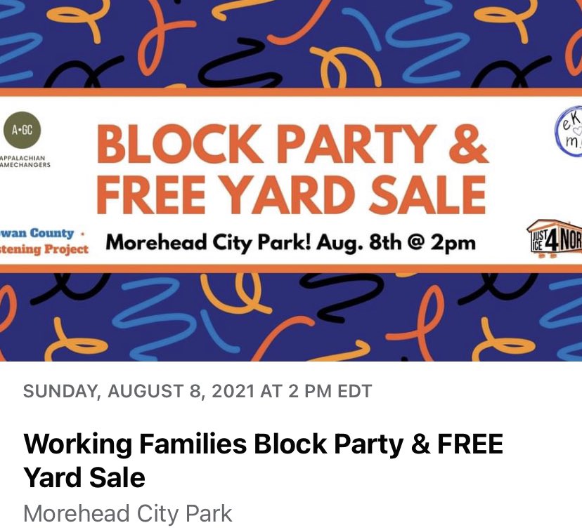 ForkJustice's tweet photo. Join us at the morehead city park on Sunday 8/8 for a block party and FREE yard sale! We will also be sharing our stories as working families and tenants in Rowan county. Show up and learn about ways YOU can take action and join up! #j4nf #justice4northfork #housingisahumanright https://t.co/9EMlu0ZGLH