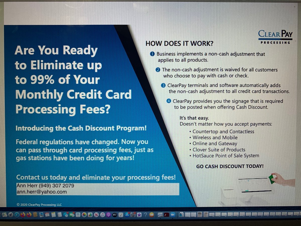 Tired of paying fees to take credit cards? I have a company that
offers free terminals, pass through fees to clients, and no cancellation fees, and great customer service. Worth trying. Can cancel at any time. This is what a company does when they do not have to with good service