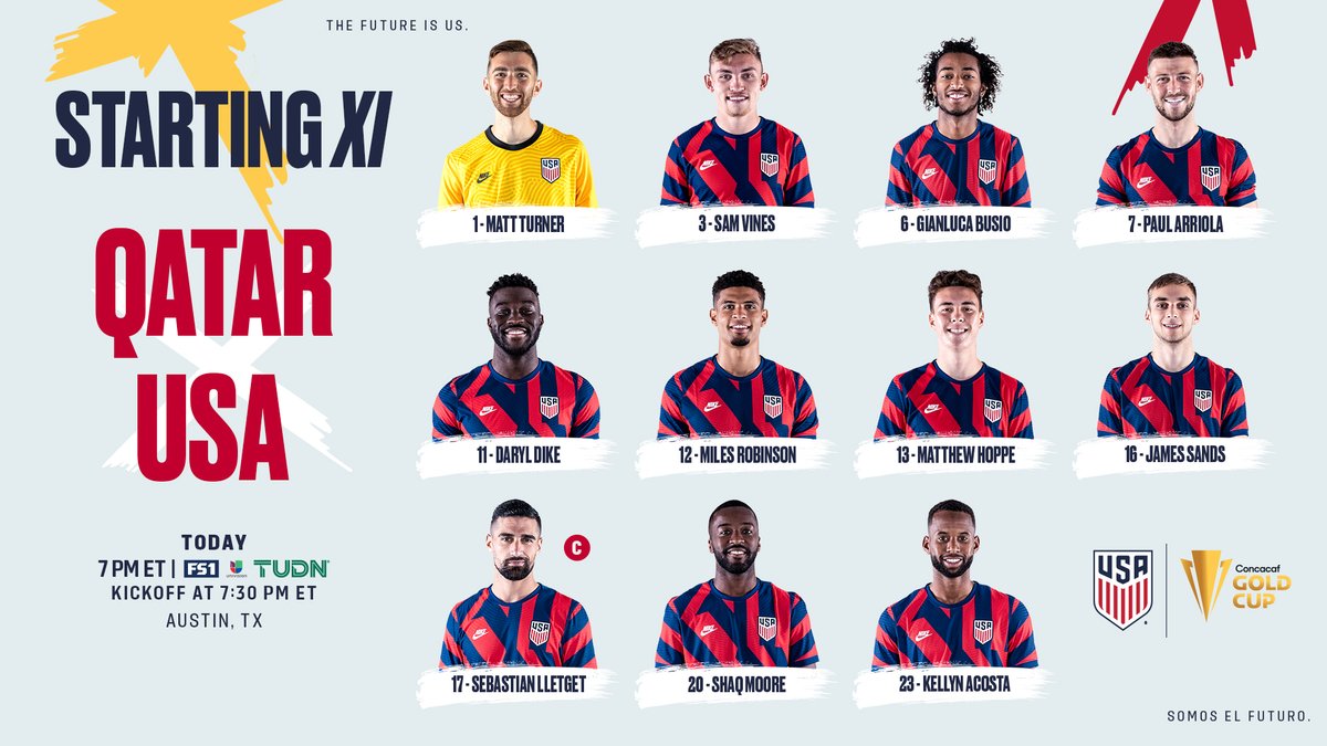 USMNT's tweet image. 𝐖𝐄 𝐆𝐎 𝐅𝐎𝐑 𝐀 𝐏𝐋𝐀𝐂𝐄 𝐈𝐍 𝐓𝐇𝐄 𝐅𝐈𝐍𝐀𝐋! 👊🇺🇸

Here’s your #USMNT Starting XI for tonight’s #GoldCup21 Semifinal vs. 🇶🇦. 

#QATvUSA Lineup Notes: ussoc.cr/QATln