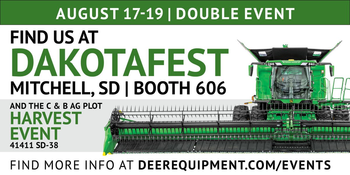 C & B Operations will be all over Dakotafest 2021 on August 17th - 19th! Come and visit us at Booth 606! We will also be having our Harvest Event at our Ag Plot at 41411 SD-38!

https://t.co/2xi3sZqyjV
.
.
#RealTractorsAreGreen #RTAG #PowerofCandB https://t.co/4e14nTiLnm