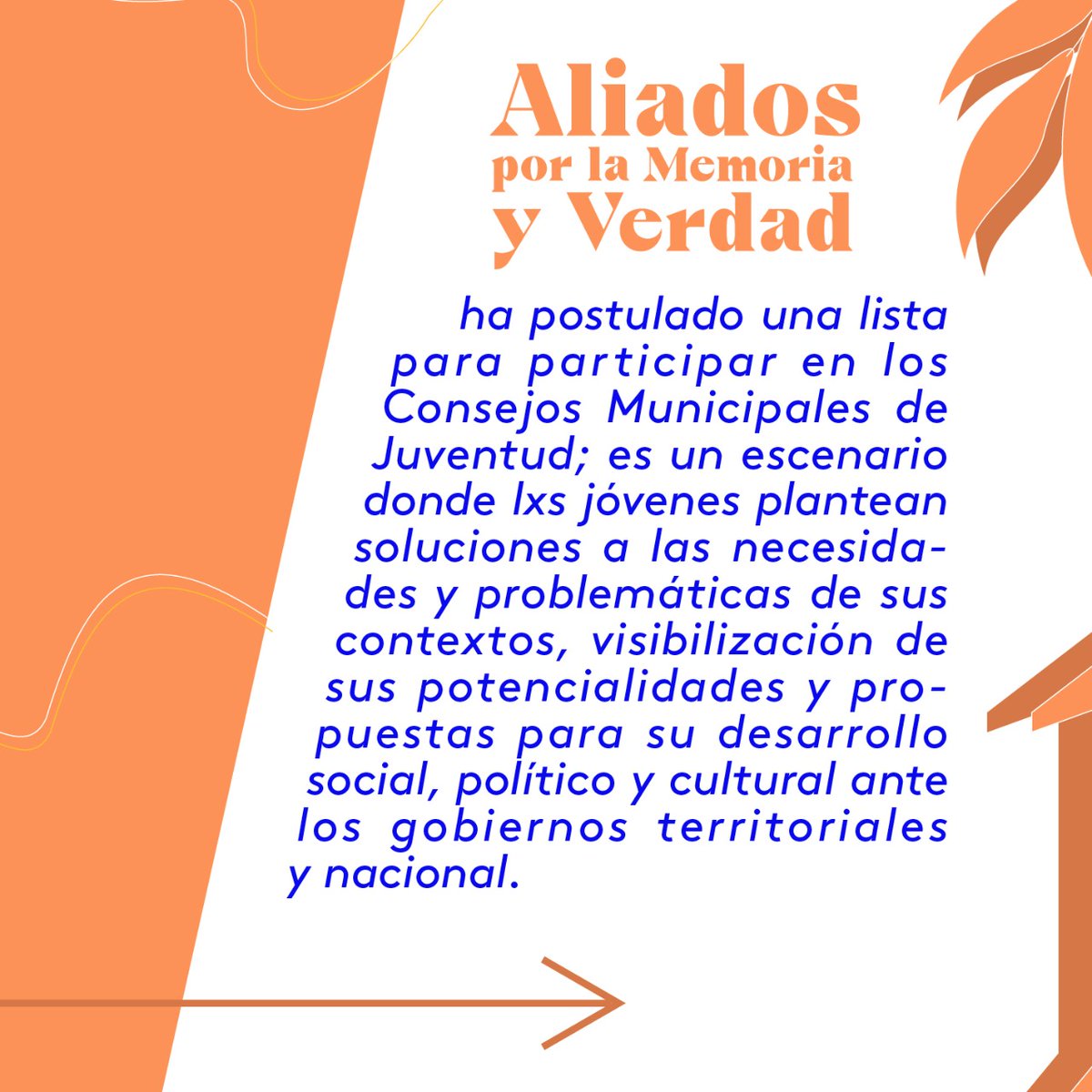 MemoriaRed's tweet photo. ¡Hola, Amigxs de la Memoria y la Verdad! 
 
Nuestro movimiento ha postulado una lista para participar en los Consejos Municipales de Juventud; es un escenario para plantear soluciones a las necesidades y problemáticas que tenemos como jóvenes en cada uno de nuestros contextos 1/3 https://t.co/QWs3dLNvzg