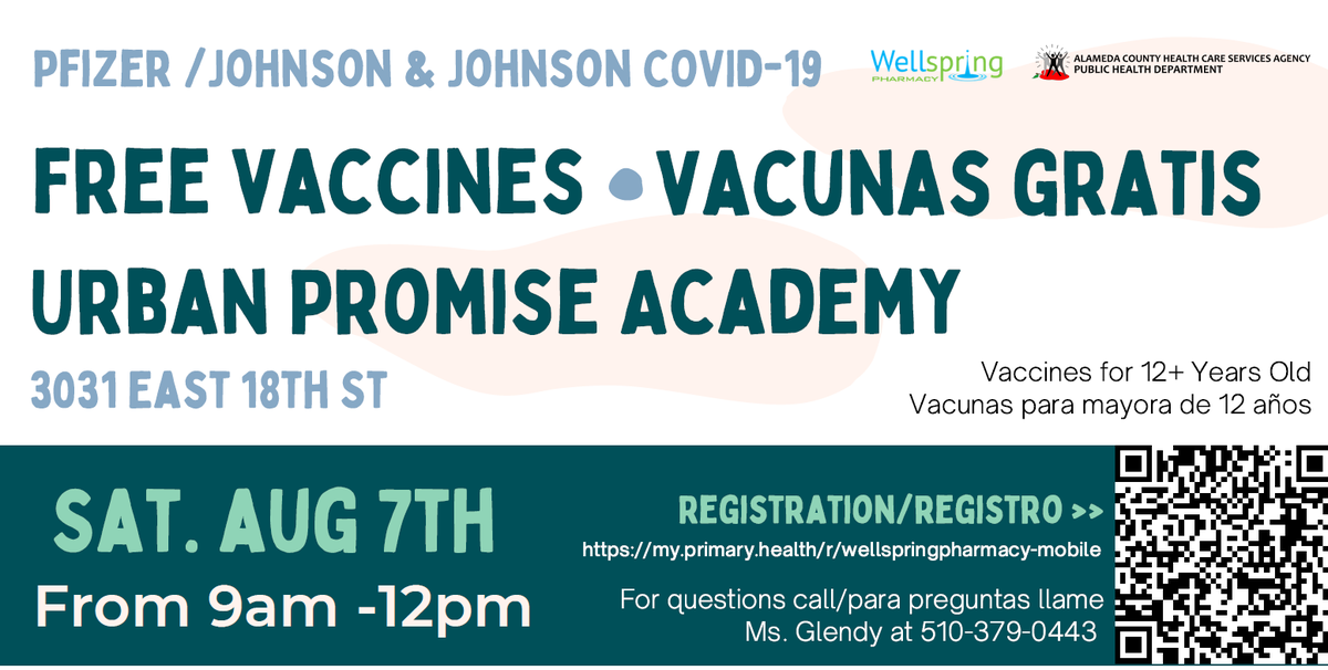 FREE #covid19vaccine clinic on Aug. 7th from 9am-12pm @ Urban Promise Academy (3031 E. 18th St., Oakland)! Vaccines available for ages 12+. Register online: tinyurl.com/f782tre