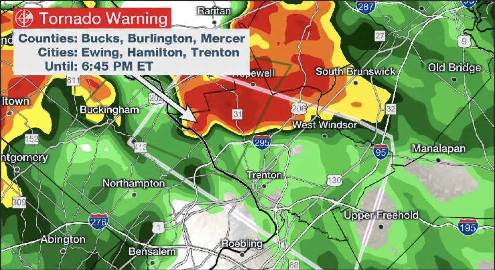 The Weather Channel on Twitter: "6:16 p.m. ET: TORNADO WARNING: Trenton, New  Jersey: A particularly dangerous situation is evolving as a confirmed  tornado is approaching the Trenton metro area. Take cover now!