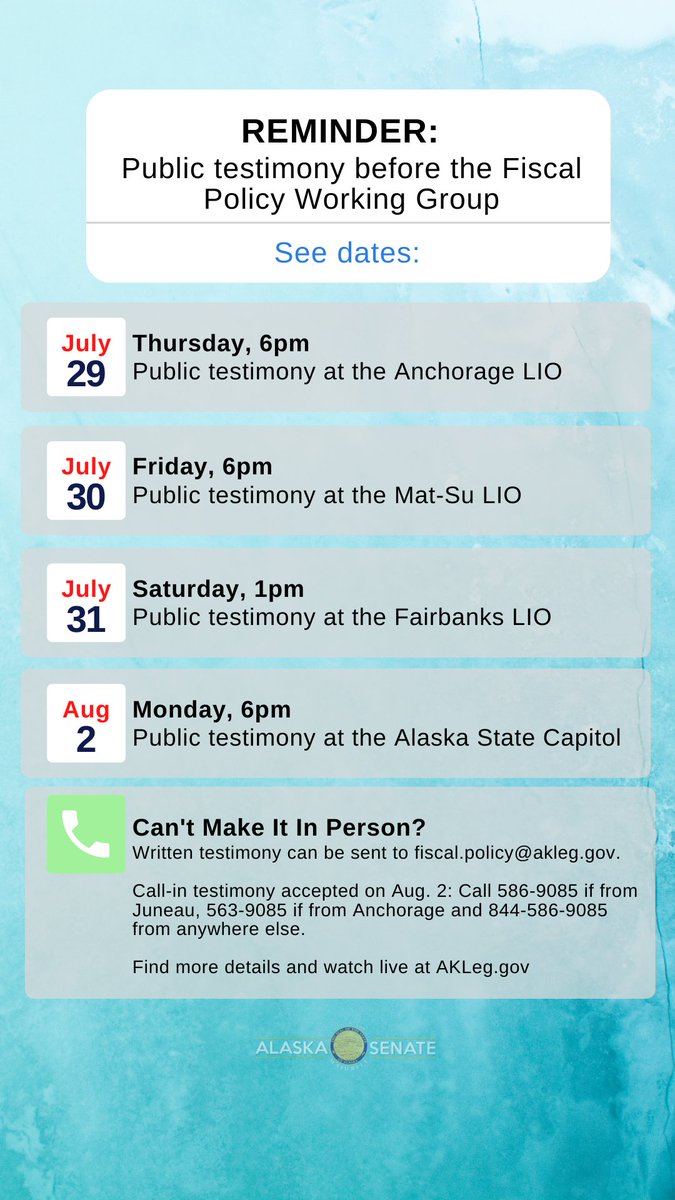 Public testimony before the Fiscal Policy Working Group begins tonight in Anchorage at 6pm. Learn more below and at AKLeg.gov #akleg