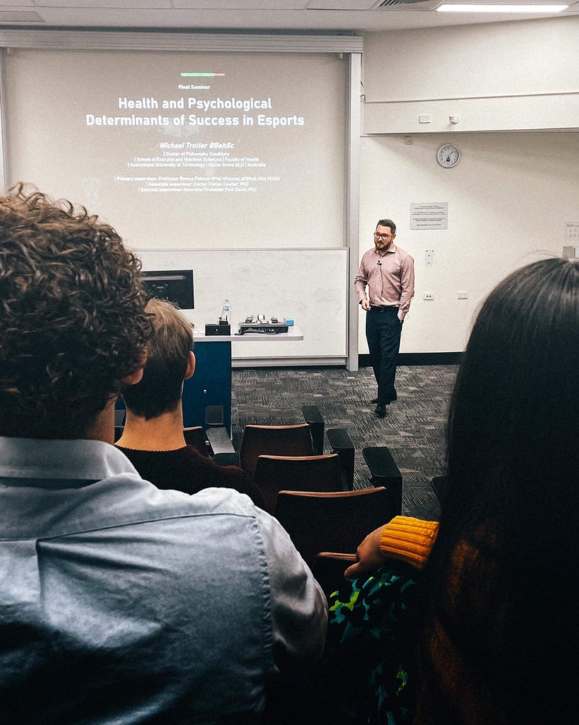 DylanPoulus's tweet photo. Last night I had the privilege of watching @MikeyGTrotter complete his final PhD seminar. We graduated from psychology together, started an esports program together, and supported each other through our PhDs. Congratulations Mikey, I am so happy for you. @QUT @qutesports https://t.co/XOQkgDLwz8