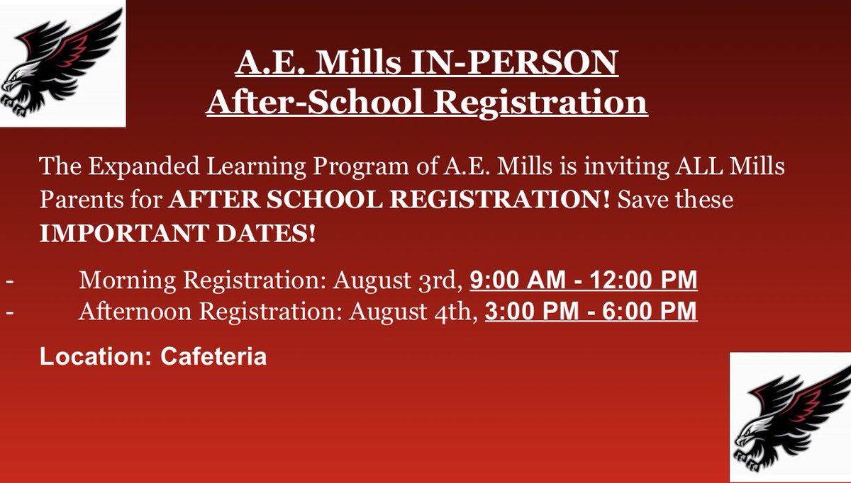 millsinter's tweet image. It is almost time to welcome our Hawks back to school and to kick it all off, we will be having registration for our After-School Program.  All info needed is provided in the pictures.  We can't wait to see our Hawks. #millsinter #aemills #afterschoolprogram #fldusd