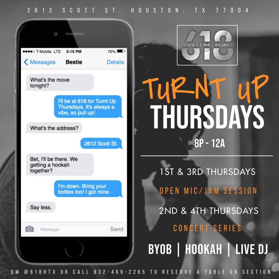 618Htx's tweet photo. Here’s everything you need to know regarding the house rules of 6-1-8 🧡

Tonight we have food brought to you by chef @eat.firstclass 🍽 

Artists, musicians, &amp; friends: come out to #TurntUpThursdays &amp; turn 🆙 w/ us &amp; your host RC Lee Jr. 🙌🏾

S10 BYOB x Hookah x Fun 🔥

#618HTX https://t.co/Qvw43ey5HS