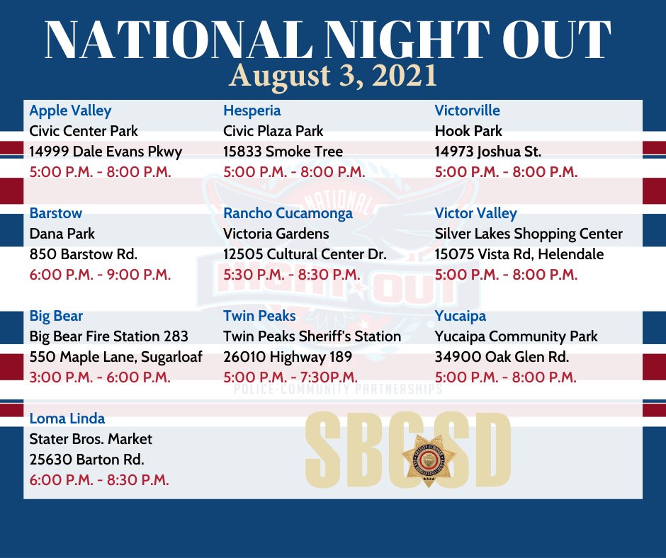 National Night Out is back across San Bernardino County! We will see you there 👏