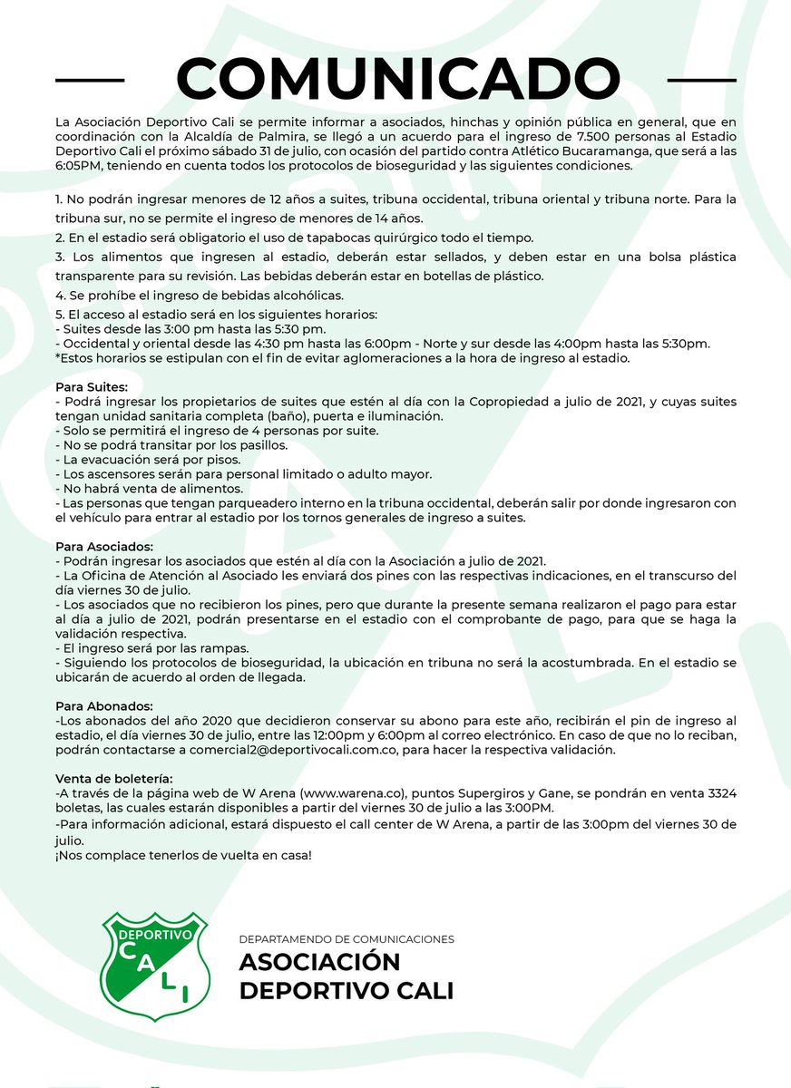 DeportivoCaliCP's tweet photo. ⚠️ ¡Atención! ¡Es oficial! 🏟️

🤝 Deportivo Cali llegó a un acuerdo con la @AlcaldiaPalmira para el regreso de nuestra querida hinchada al #EstadioDeportivoCali.

7️⃣5️⃣0️⃣0️⃣ hinchas podrán ingresar a acompañarnos en el partido frente a Atlético Bucaramanga.

#VamosCali 🇳🇬 https://t.co/lupfbIj2Zo