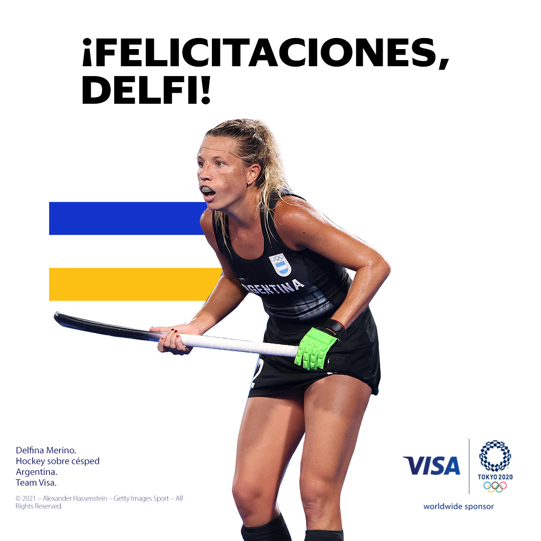 VisaArgentina's tweet photo. Felicitaciones Delfi @delfinamerino por los 300 Caps con Las Leonas. Un orgullo que formes parte del #TeamVisa, vistiendo la camiseta que tanto queremos. Visa, Patrocinador Global de los Juegos Olímpicos #Tokyo2020.  Siempre #StrongerTogether. https://t.co/MidJwTwdRG