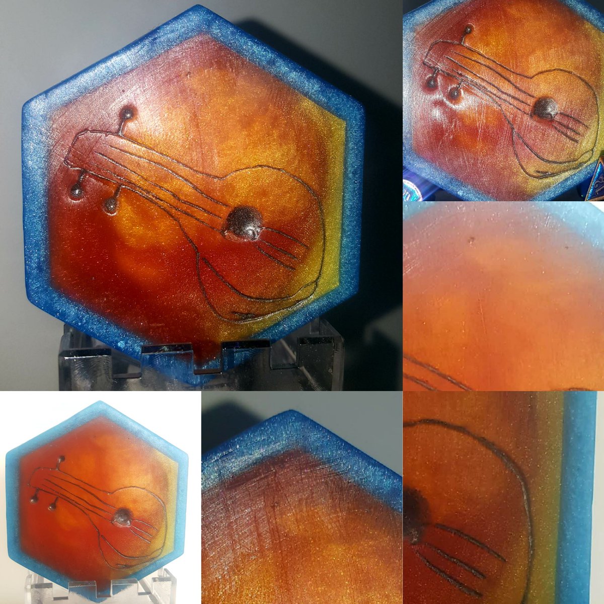 savingthrowsuds's tweet photo. Welcome to the stage... "Little Brother". A sparkling blue wraps around the colors of the sunset and features a hand carved lute. Dedicated to - and inspired by - Dorian Storm from #ExU, as played by @robbiedaymond! Scent notes in second tweet. #ExandriaUnlimitedFanart https://t.co/VCw5B8BziL