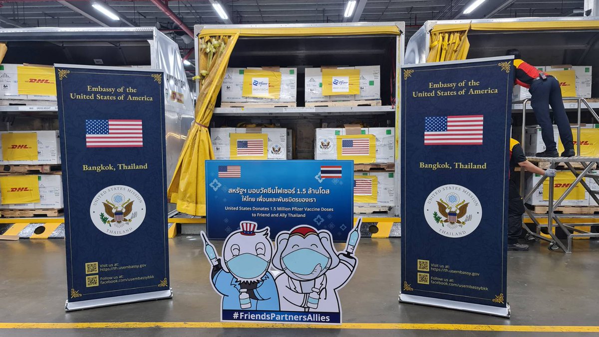 #วัคซีนไฟเซอร์ 1.5 ล้านโดส ที่สหรัฐอเมริกาบริจาคให้ไทย ขนส่งถึงไทยแล้ว เมื่อเวลาประมาณ 04.00 น. ที่ผ่านมา