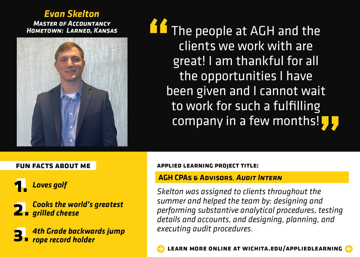 ShockerCareer's tweet image. Our next #NationalInternWeek S/O goes to 💼 Master of Accountancy student, @evanske_!

🎉Congratulations on your internship with @AGHLC that will eventually turn into a full-time job! That is awesome, @WichitaState is proud of you 👏

#MyCareerStartsHere #WSUNow #AppliedLearning