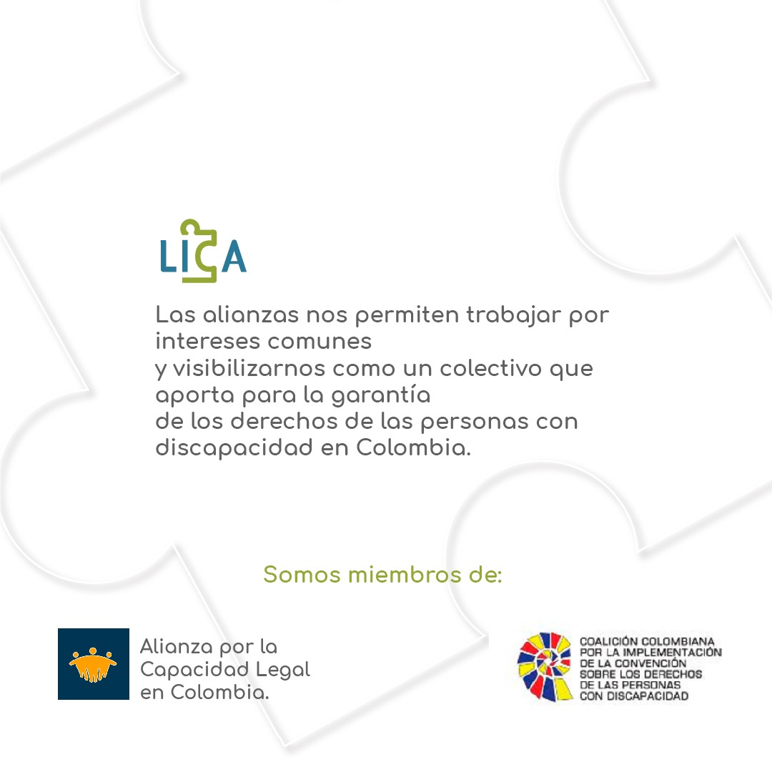 Las alianzas nos permiten trabajar por intereses comunes y visibilizarnos como un colectivo que aporta para la garantía de los derechos de las personas con discapacidad en Colombia. Somos miembros de <a href="/coalicionCDPDco/">CoalicionCDPD_col</a> y <a href="/CapacidadLegal/">Alianza por la Capacidad Legal en Colombia</a>.
#JuntosLogramosMas
#Derechos