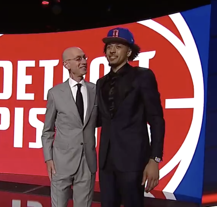 espn's tweet photo. Cade Cunningham rocking the Detroit Pistons hat 👏 https://t.co/kkc1f2nTnv