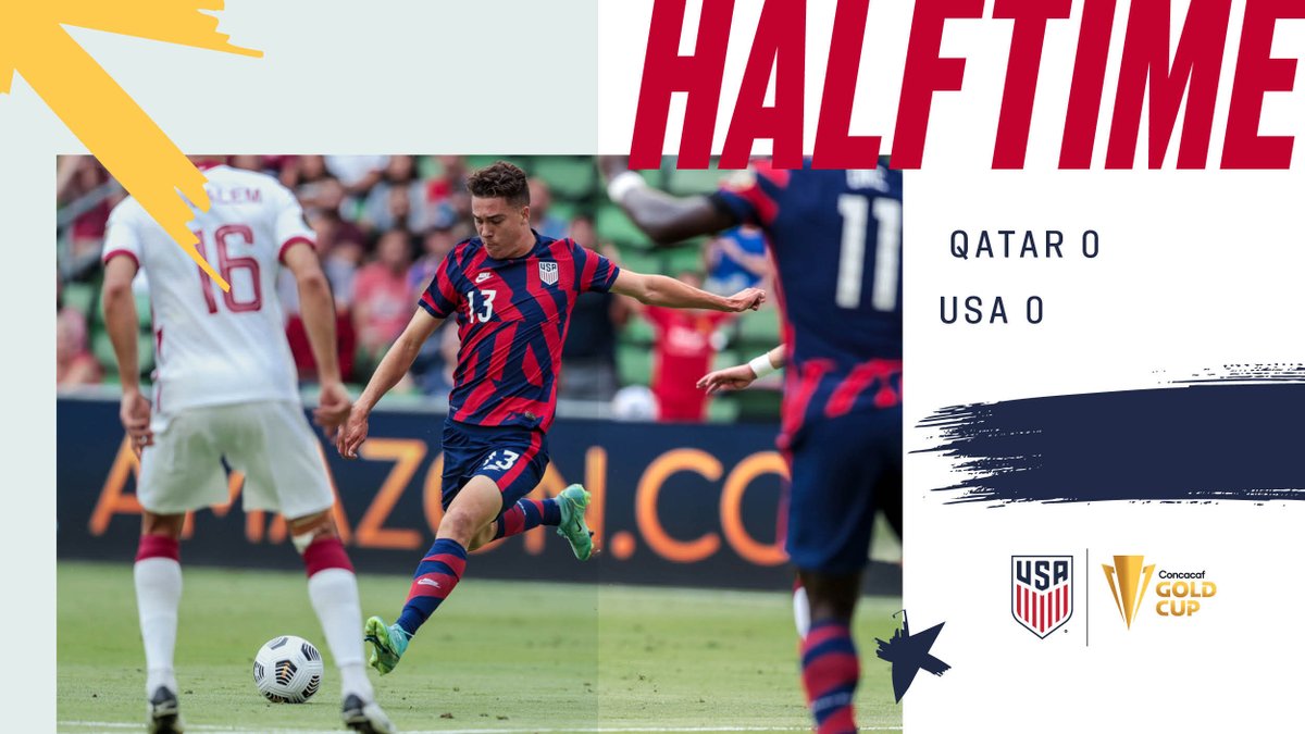 USMNT's tweet image. HT | Scoreless at the break. Word to do in the second half. 

#QATvUSA | #GoldCup21
