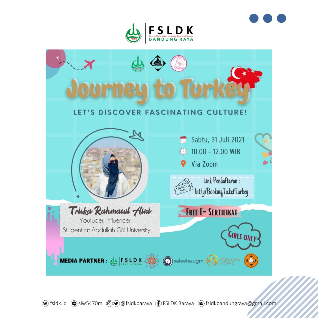 fsldkbaraya's tweet photo. [JOURNEY TO TURKEY]

🧕🏻Triska Rahmatul Aini (Youtuber, Influencer, Student at Abdullah Gul University) 
🗓️Sabtu, 31 Juli 2021
🕙10.00- 12.00 WIB
📍Via Zoom
🔗 https://t.co/oJPHW1RpZZ
CP : 082272439175 (Shelvy)
 
#FSLDKBaraya
#menggenggamindonesia
#FSLDKIndonesia https://t.co/YuqbMeGhu5