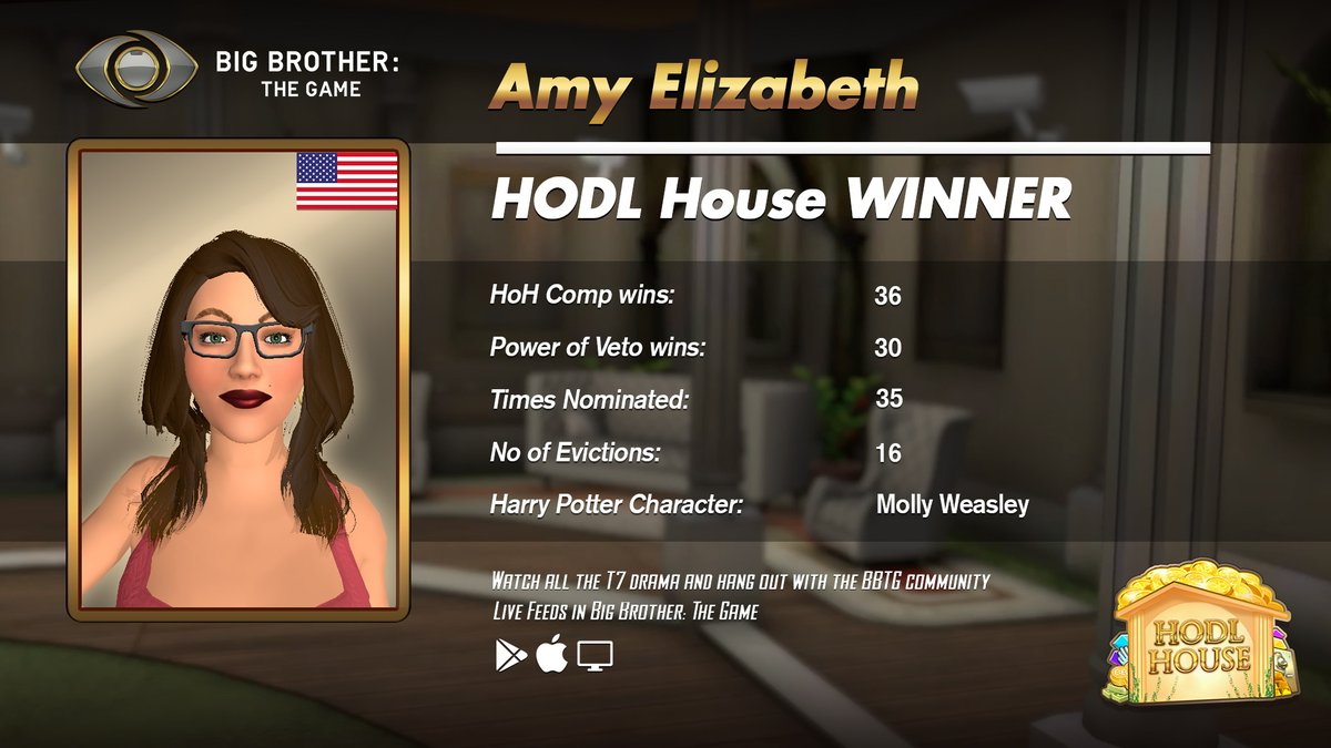 Game_BigBrother's tweet photo. Just announced by @Mrs_ARockstar the winner of BBTG T7 HODL is:

👑 Queen, Amy Elizabeth 

...who walks out of HODL House with $33,270.25 and more importantly @AndyHerren hat courtesy of @mccraechum 

Here's the updated, final, winning, stats  🔥

Congratulations Amy Elizabeth 🎉 https://t.co/LUlaKZ3v8d