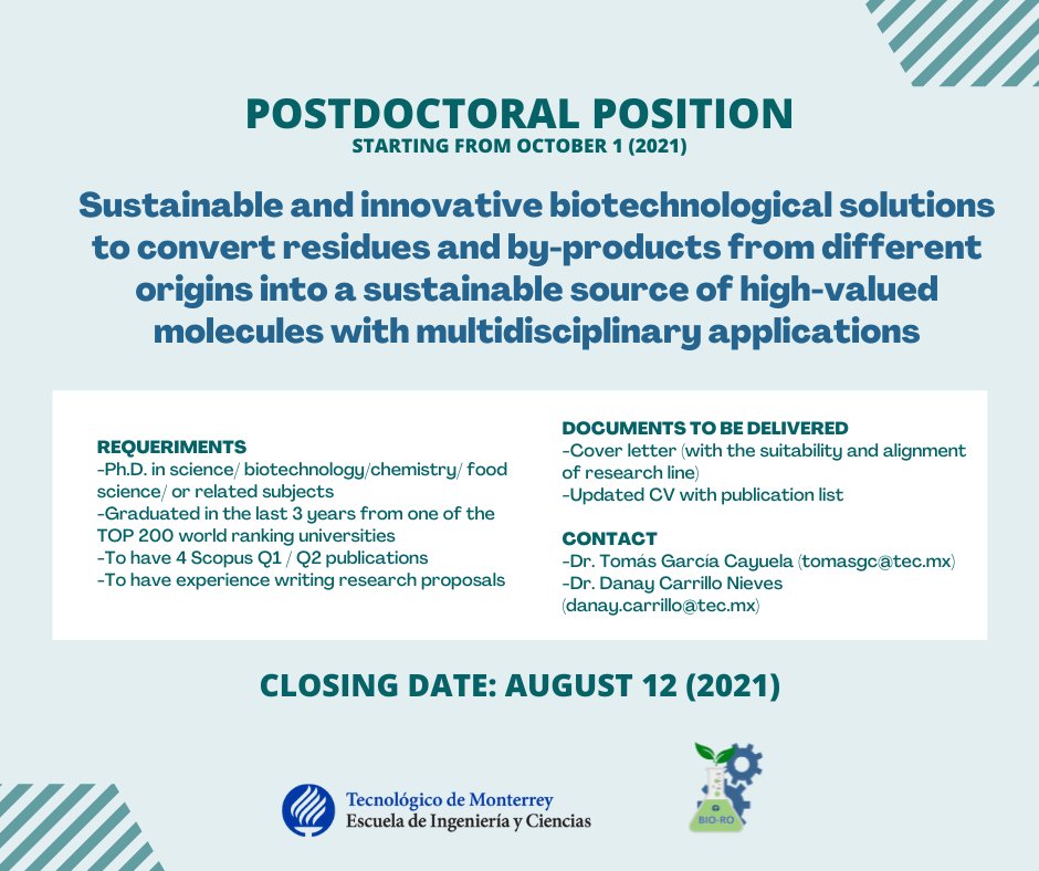 tgcayuela's tweet photo. 𝗣𝗢𝗦𝗧𝗗𝗢𝗖𝗧𝗢𝗥𝗔𝗟 𝗣𝗢𝗦𝗜𝗧𝗜𝗢𝗡 𝗔𝗧 @TecdeMonterrey
Starting from October 1 (2021)
#posdoctoral #posdoctoralposition #TOP200universities
⬇️All information and contact ⬇️ https://t.co/kEhAabt4Jf