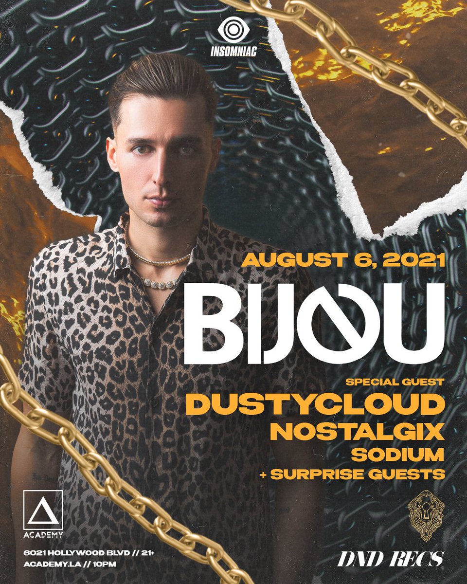 Get down with <a href="/BIJOU/">BIJOU</a>, <a href="/Dustycloudmusic/">DUSTYCLOUD</a>, <a href="/nostalgixmusic/">☆ Nostalgix ☆</a>, <a href="/SODIUMhouse/">SODIUM</a> + Surprise Guests on Friday, 8/6! 🎉 Free w/ RSVP  → Academy.LA/BIJOU21